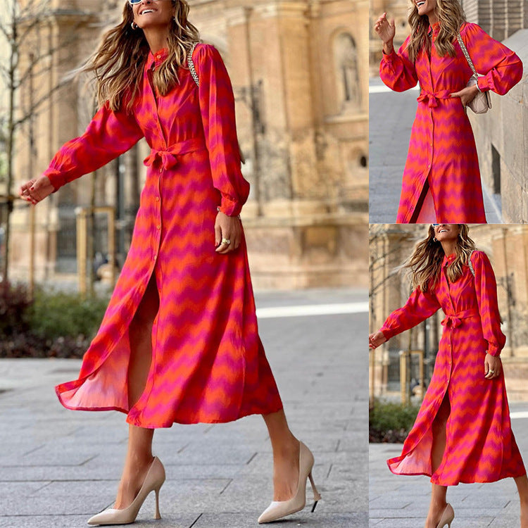 New Women's Printed Lace-Up Contrast Boho Slit Dress