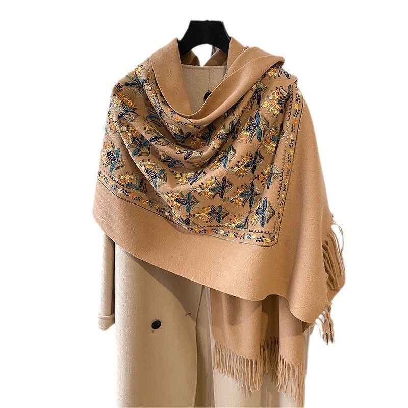 Artistic Artificial Cashmere Scarf Embroidery Embroidery Warm Thickened Long Fringe Travel Shawl