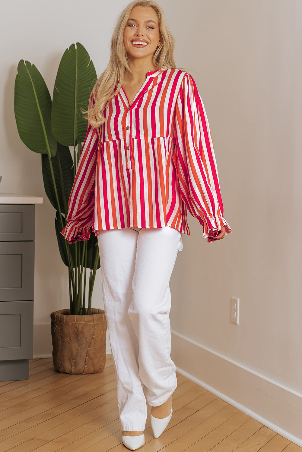 Orange Stripe Balloon Sleeve Notched V Neck Buttoned Front Blouse