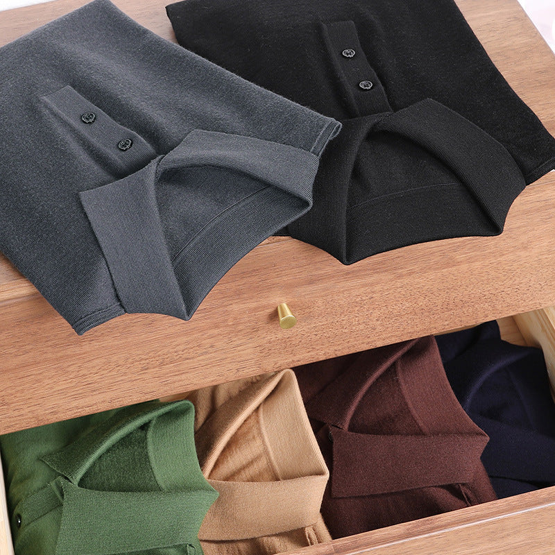 Ultra-fine Worsted Wool Polo Shirt Men's Long-sleeved T-shirt Lapel Knitwear