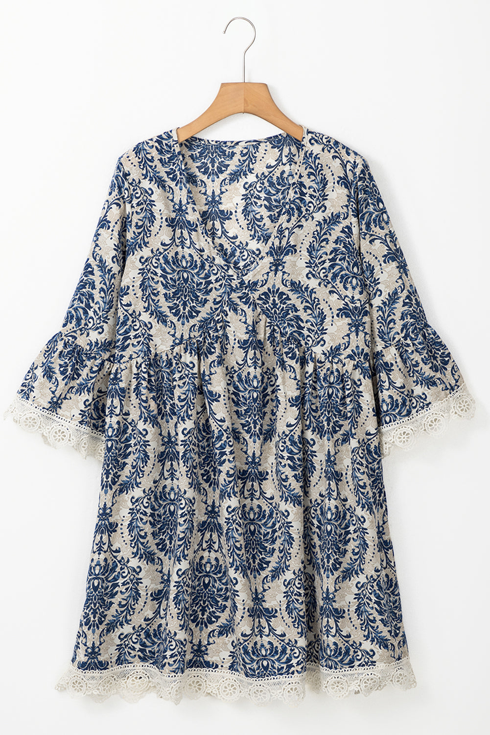 Sky Blue Vintage Printed Lace Trim V Neck 3/4 Sleeve Loose Dress