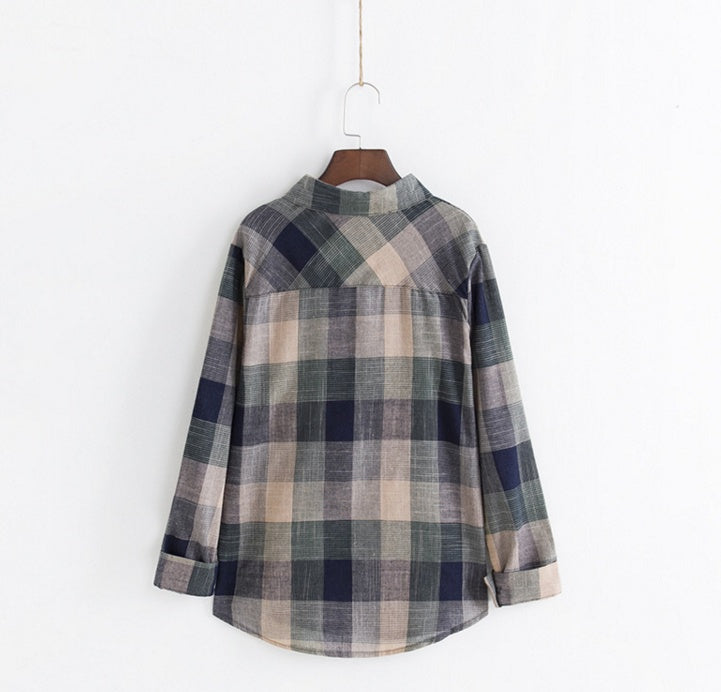 Girl Cotton Blouses Long Sleeve Plaid  Blouse