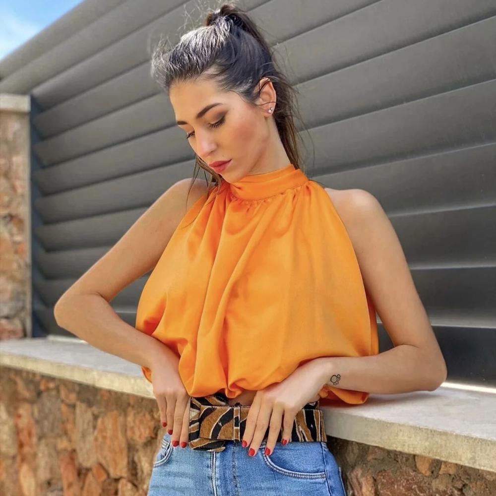 Sexy Blouses Orange Crop Ladies Shirt