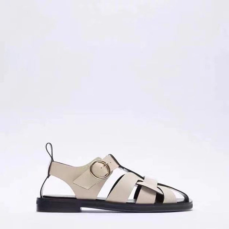 Women's Round Toe Leather Flat Sandals