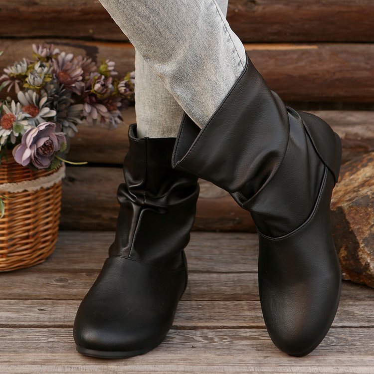 Fashion Round-toed Flat Boots Versatile Simple Slip-on Western Cowboy Boot Casual Short Shoes For Women