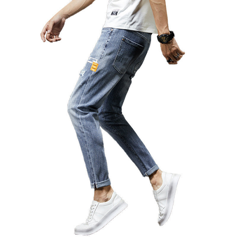 Men's Ripped Denim Slim-fitting Ankle Length Trousers Pants