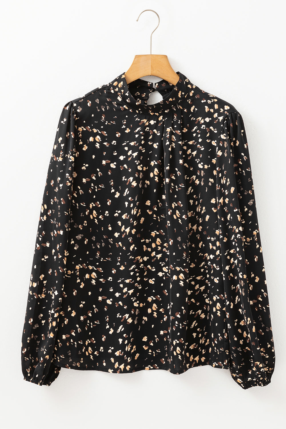 Black Leopard Print Lantern Sleeve Mock Neck Pleated Blouse