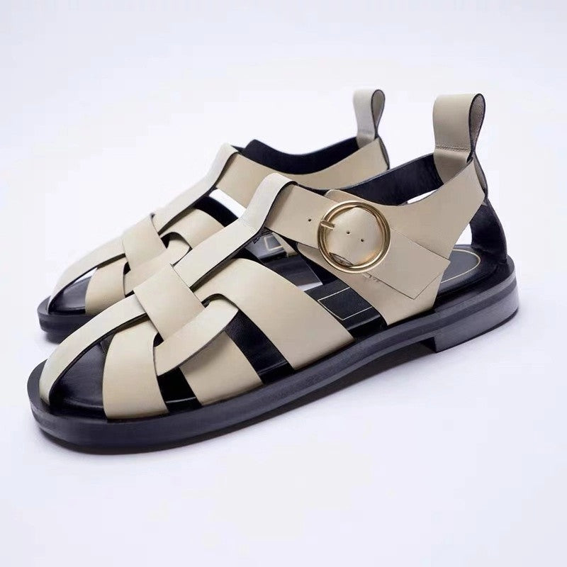 Women's Round Toe Leather Flat Sandals