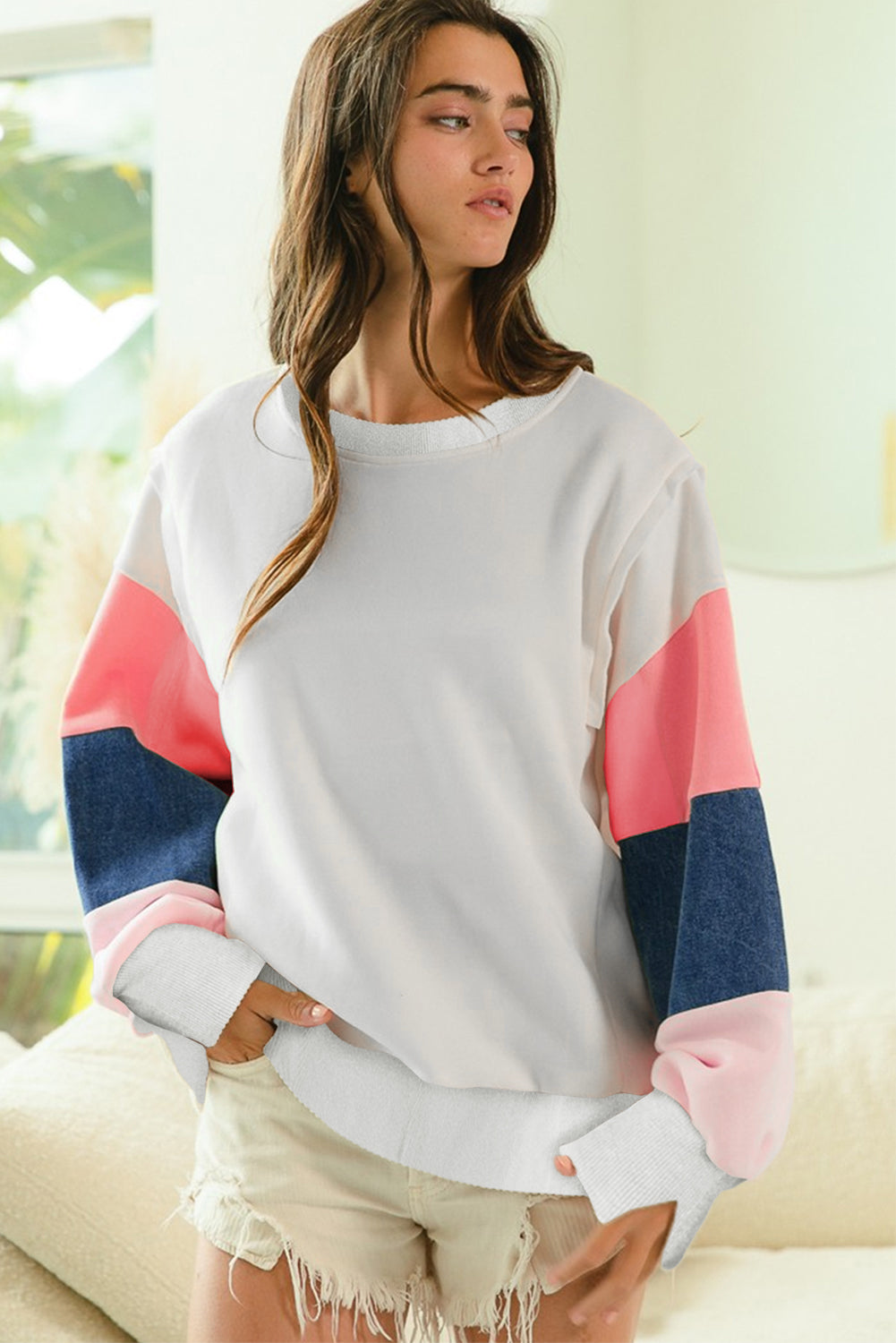 White French Terry Color Block Long Sleeve Top