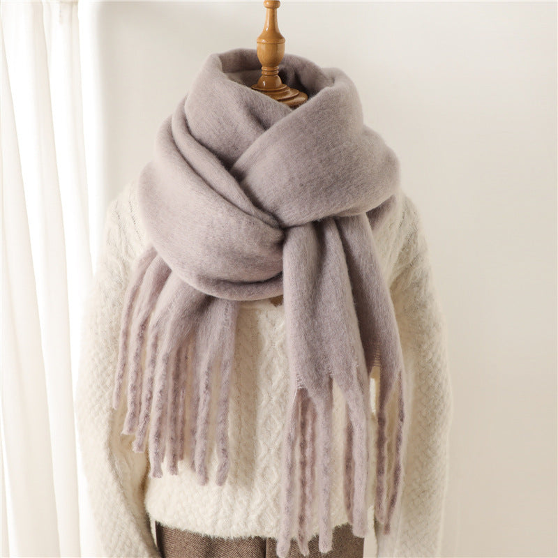 Solid Color Versatile Winter Warm Extended Tassel Scarf