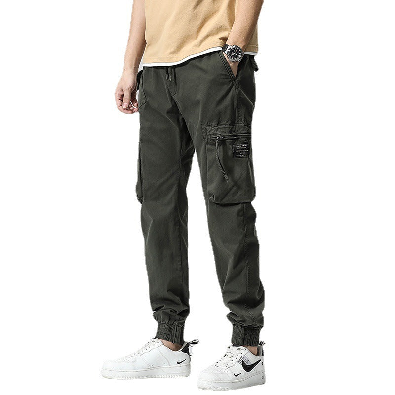 Casual Pants Trendy Brand Elastic Waist Men's Youth Simple Pure Cotton Multi-pocket Work Pants Trousers Ankle-tied