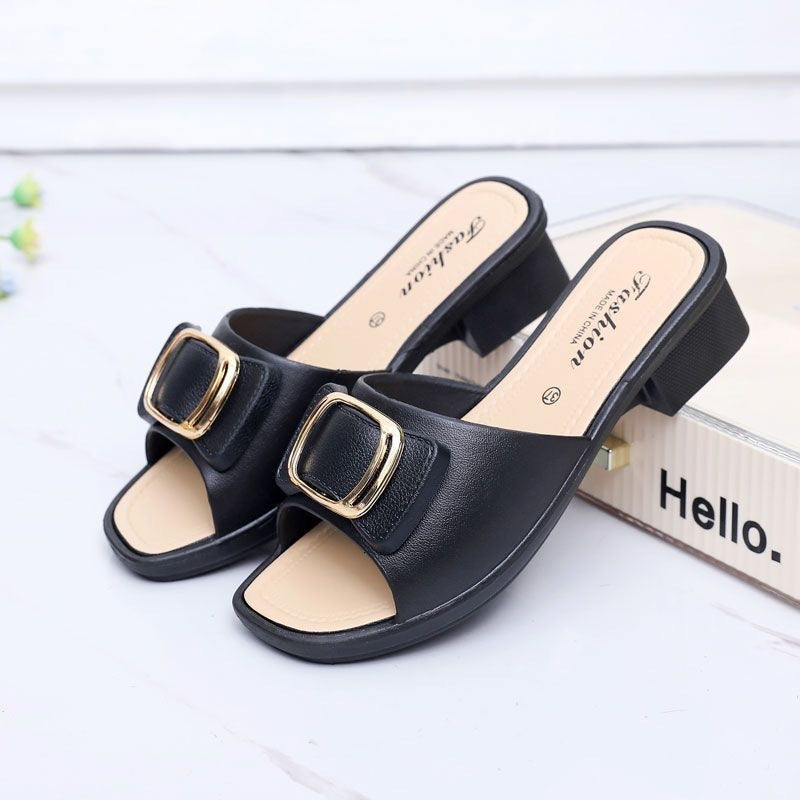 High Heel Slippers Women's 2024 Summer Slippers Korean Style Internet Celebrity Buckle Chunky Heel Lady Mom Slippers Outdoor Beach Shoes