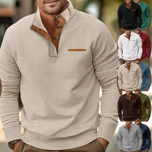 Winter Faux Pocket Casual Stand Collar Long Sleeve Corduroy Men's Sweater