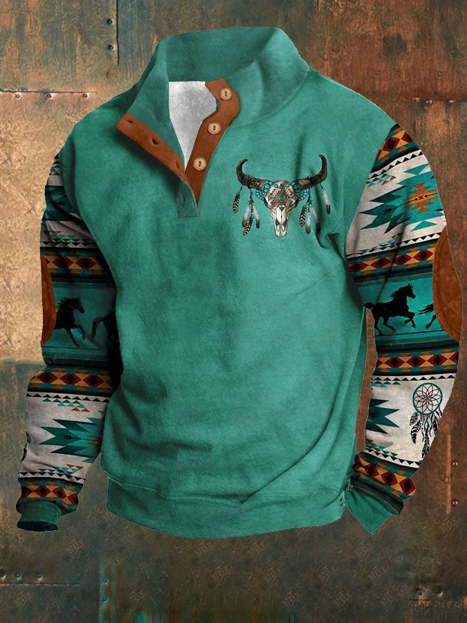 Winter Digital Printing Long Sleeve Stand Collar Half Button Sweater Men