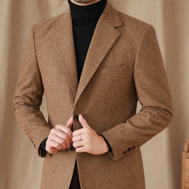 Wool Slim-fit Houndstooth Vintage Coat For Men