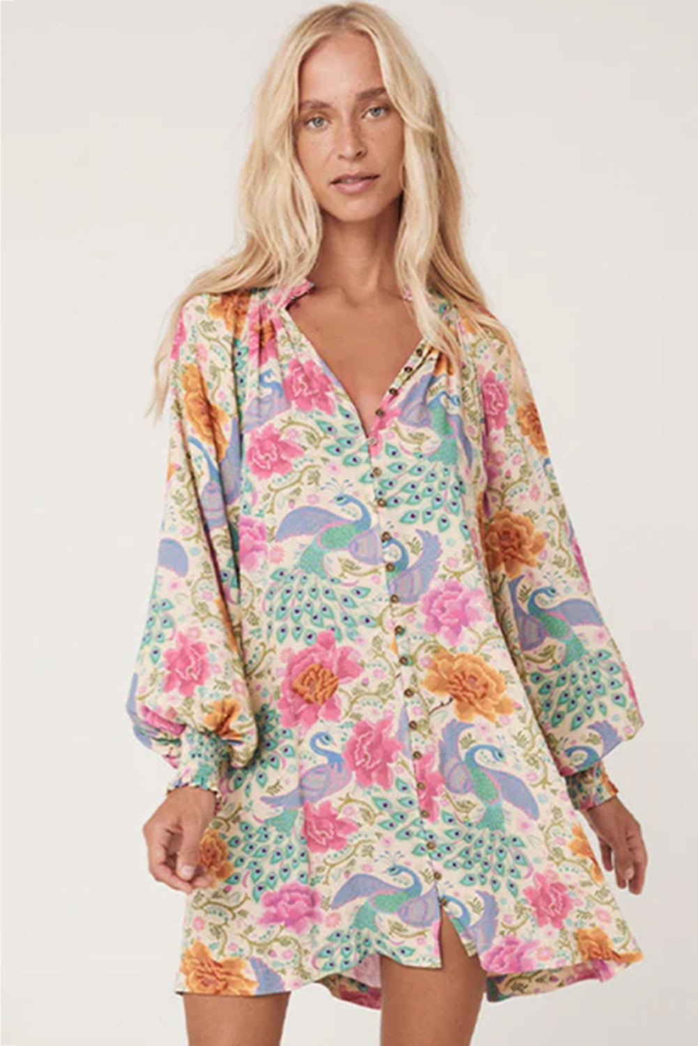 Multicolour Floral Print Bubble Sleeve Buttoned V Neck Mini Dress