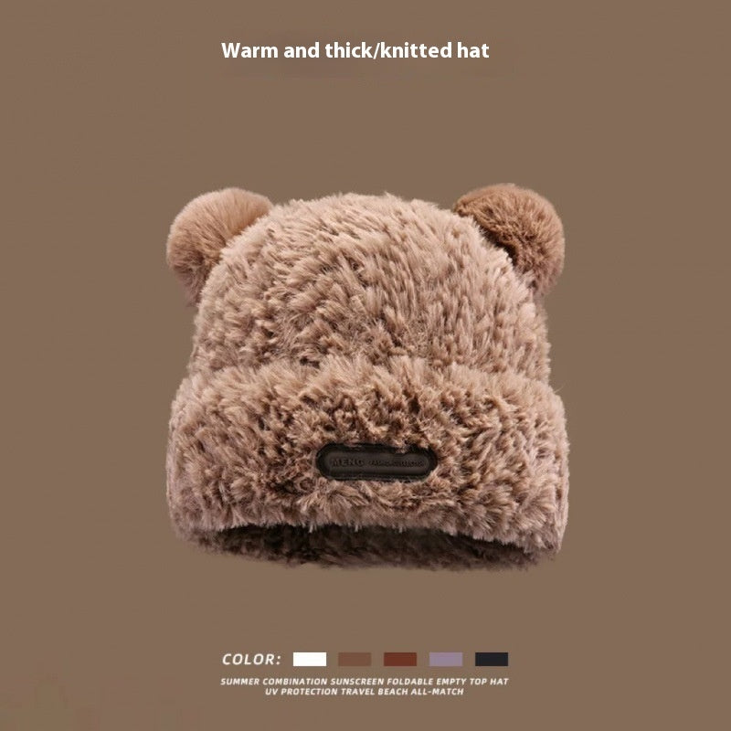 Bear Knitted Hat Cute Wool Keep Warm Makes Face Look Smaller