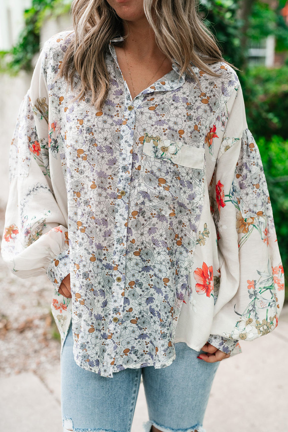 Purple Boho Floral Bishop Sleeve Button Up Loose Shirt