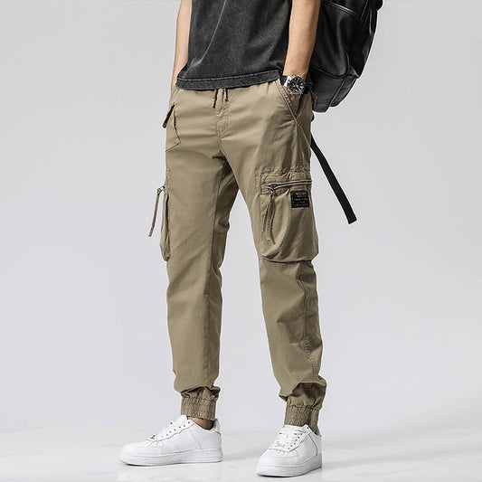 Casual Pants Trendy Brand Elastic Waist Men's Youth Simple Pure Cotton Multi-pocket Work Pants Trousers Ankle-tied