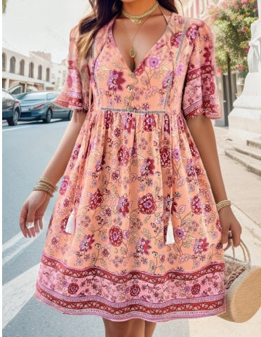 Boho Floral Print Tie Front Short Sleeve Holiday Dress