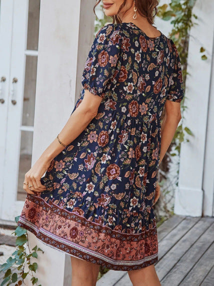 Boho Floral Print Tie Front Short Sleeve Holiday Dress