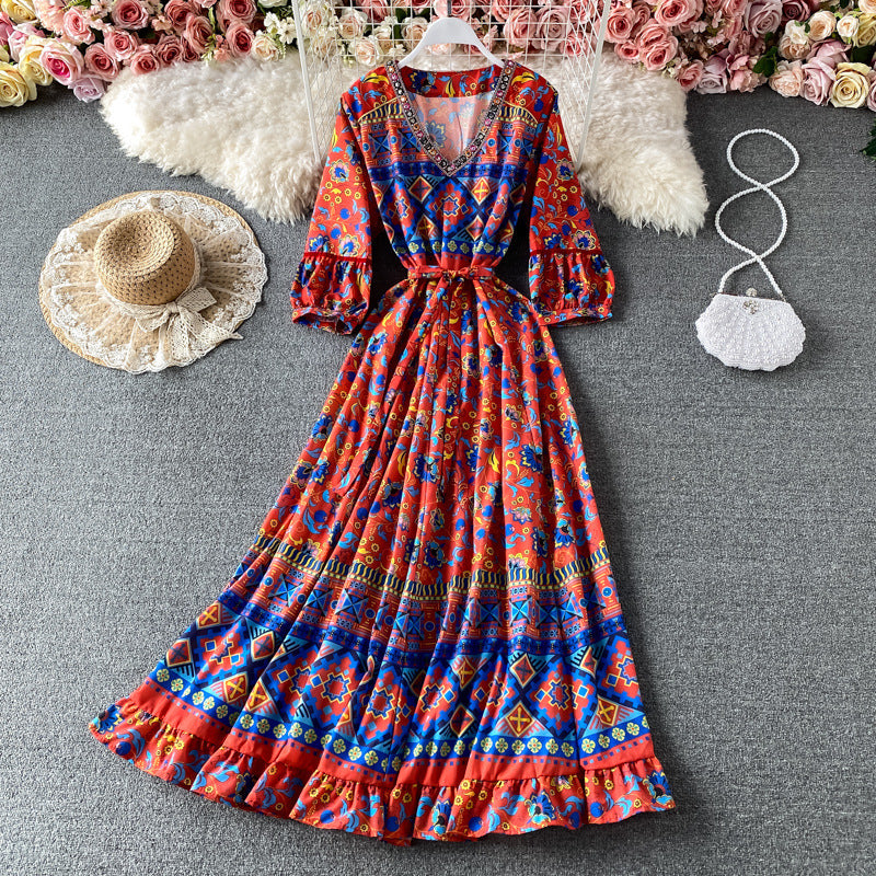 Women's Long Sleeve Boho Ethnic V-Neck Dress