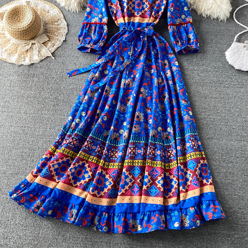 Women's Long Sleeve Boho Ethnic V-Neck Dress