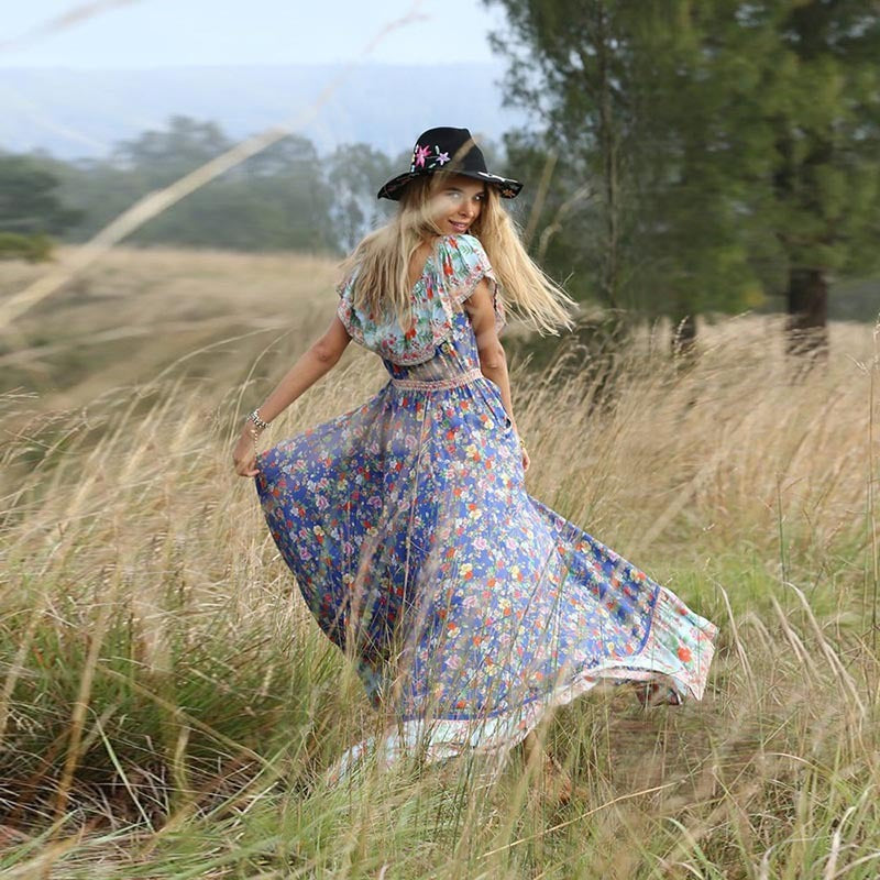 Boho Print Dress With Short Sleeve Crewneck