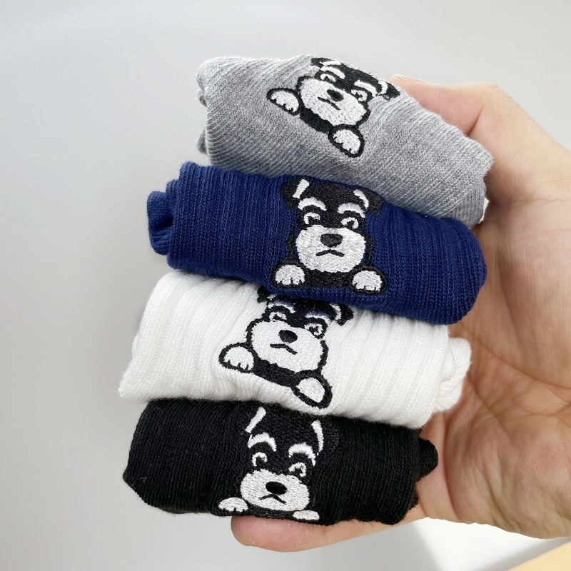 Middle Tube Pure Cotton Breathable Sweat Absorbing Schnauzer Embroidered Cute Cartoon Socks