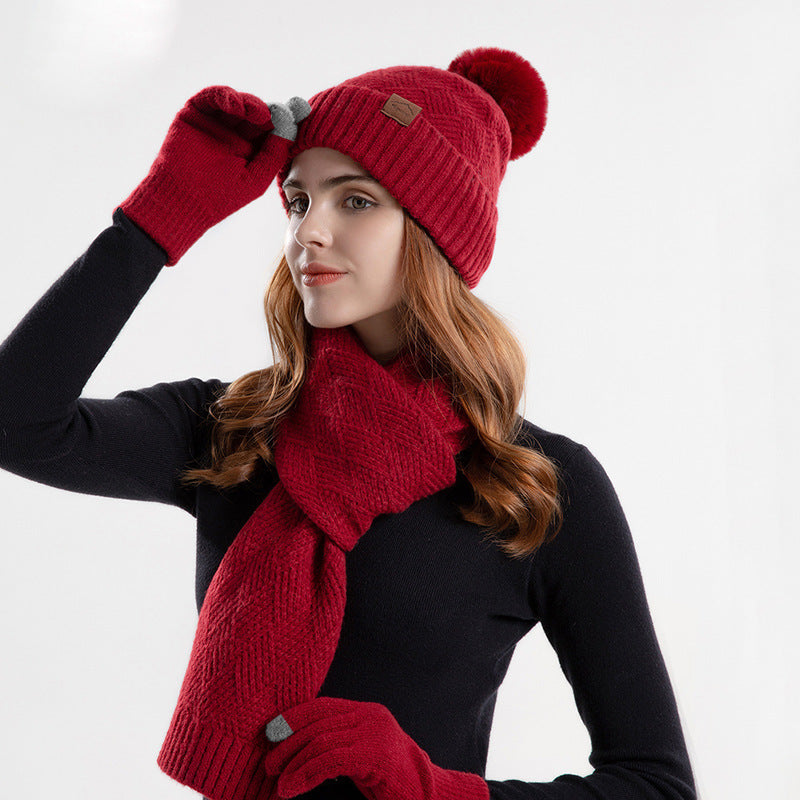 Knitted Woolen Cap Women's Warm Hat Scarf Gloves Three-piece Set