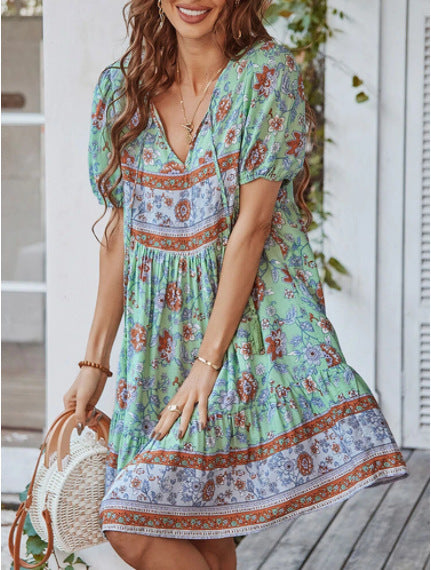 Boho Floral Print Tie Front Short Sleeve Holiday Dress