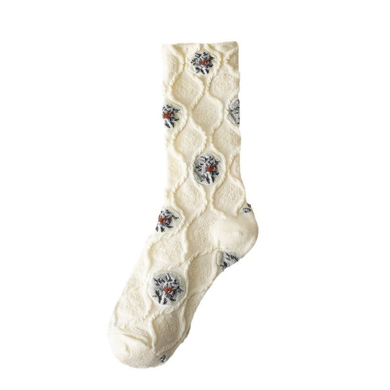 Court Women's Thin Small Flower Long Socks Retro