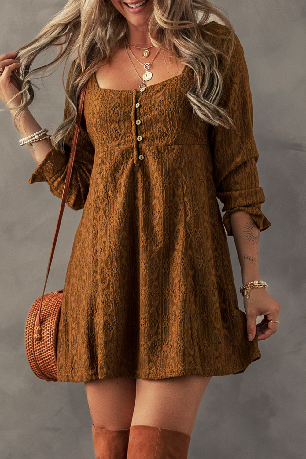 Chestnut Lace Crochet Buttoned Square Neck Shift Mini Dress