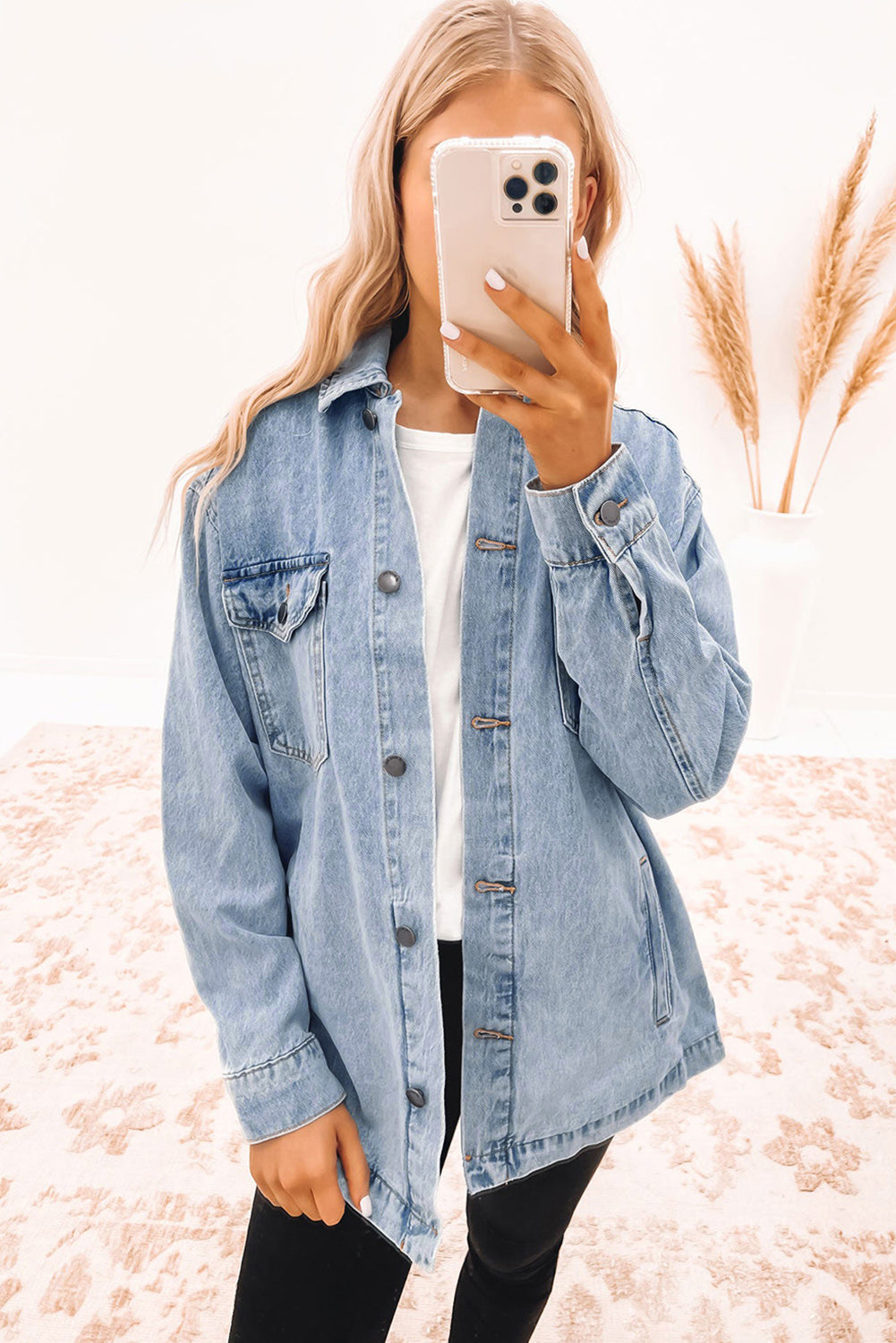 Sky Blue Acid Wash Flap Pocket Boyfriend Shacket