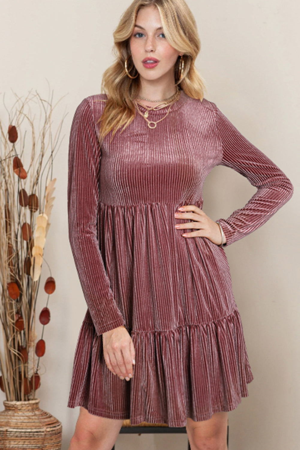 Pale Chestnut Long Sleeve Tiered Textured Velvet Dress