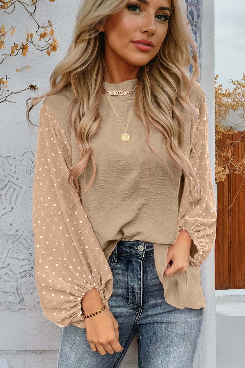 Parchment Swiss Dot Balloon Sleeve Loose Blouse