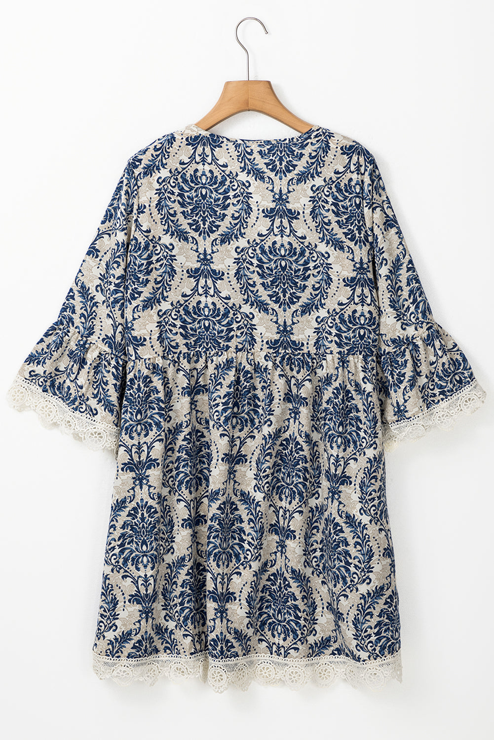 Sky Blue Vintage Printed Lace Trim V Neck 3/4 Sleeve Loose Dress