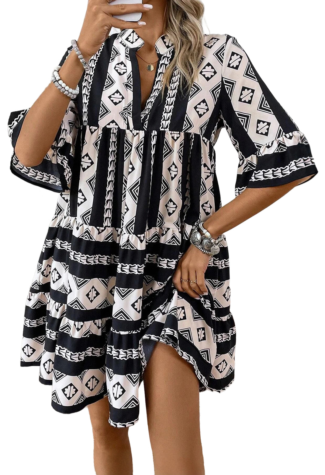 Black Geometric Print V Neck Ruffled Dress