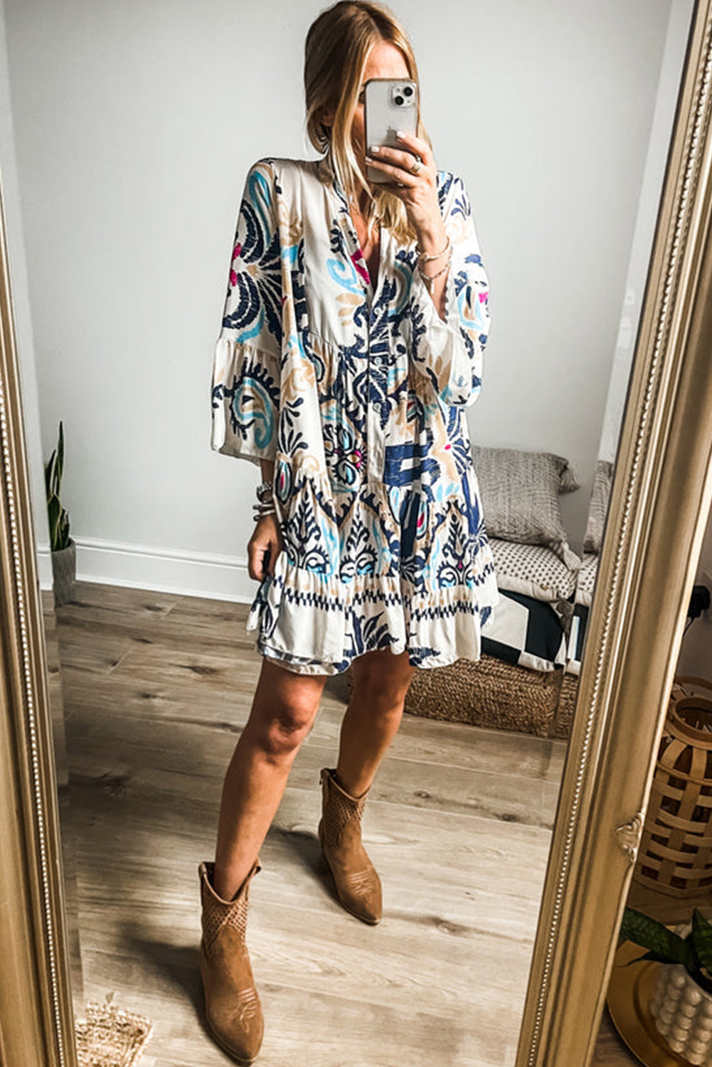 White Printed Tribal Bracelet Sleeve Buttoned Mini Dress