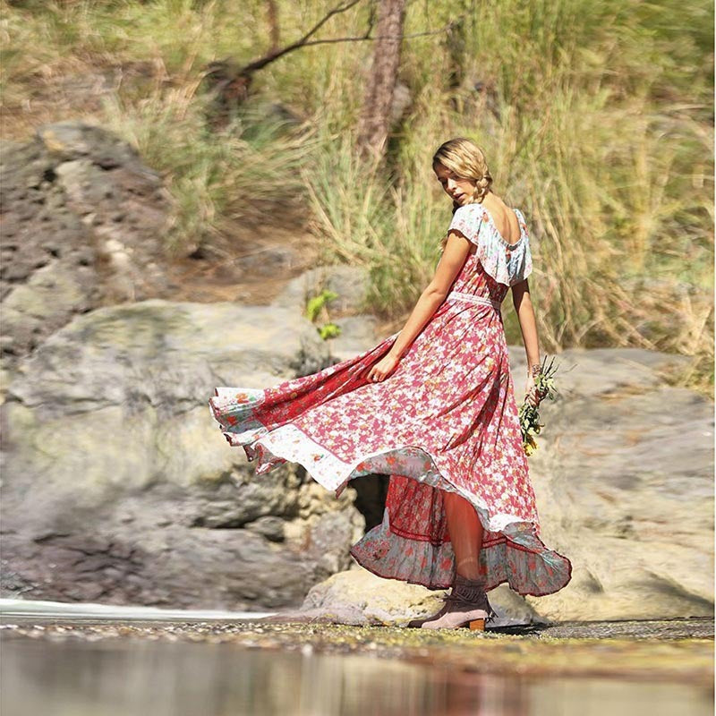 Boho Print Dress With Short Sleeve Crewneck