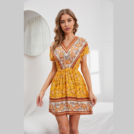 Cotton Summer Women's Short Sleeve V Neck Boho Floral Dress