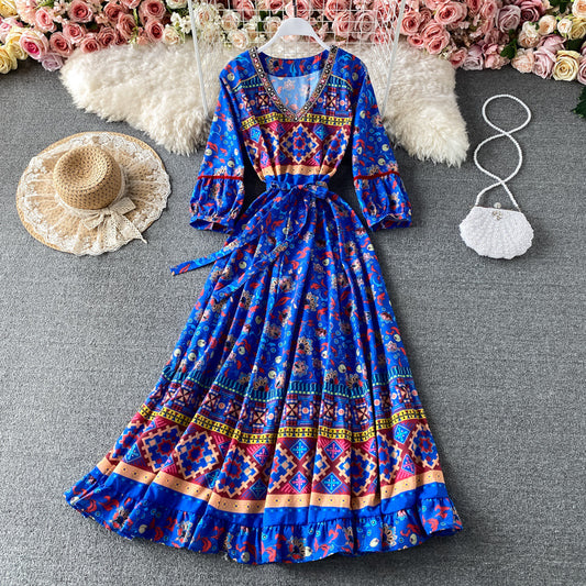 Women's Long Sleeve Boho Ethnic V-Neck Dress