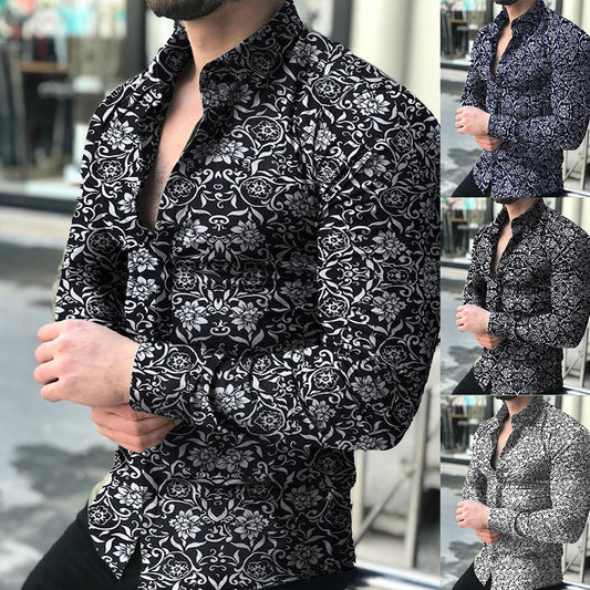 Lapel printed long-sleeved casual floral shirt