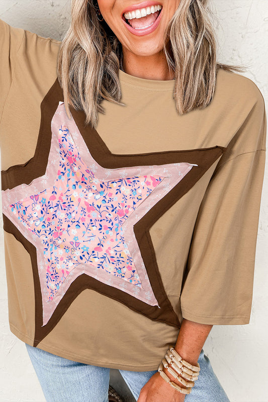 Camel Floral Star Patchwork 3/4 Long Sleeve Top