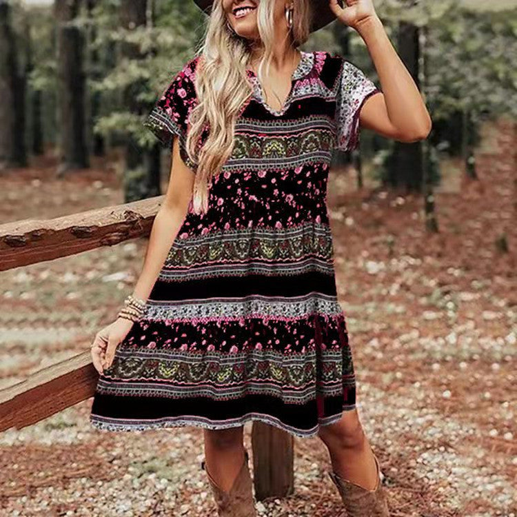 Women's Boho Print Short Sleeve Dress