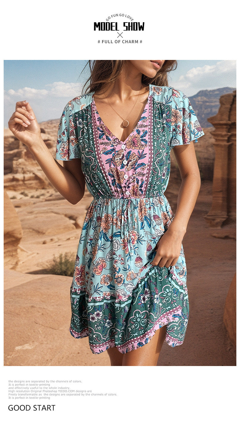 Women's Fashion Short Sleeve V-neck Boho Dress