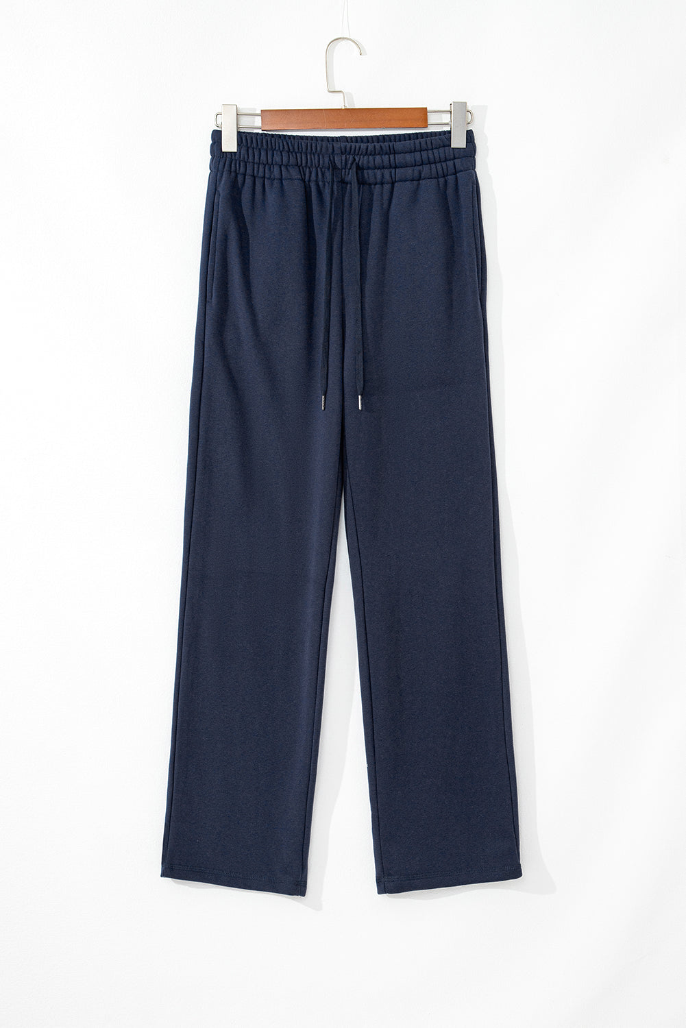 Navy Blue Solid Color Fleece Lined Drawstring Waist Casual Pants