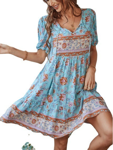 Boho Floral Print Tie Front Short Sleeve Holiday Dress