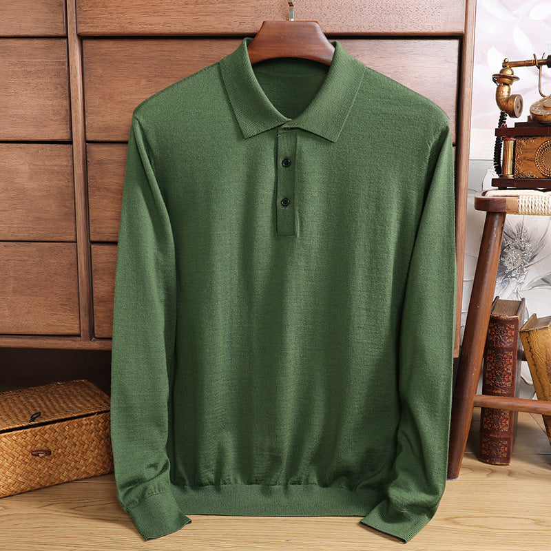 Ultra-fine Worsted Wool Polo Shirt Men's Long-sleeved T-shirt Lapel Knitwear