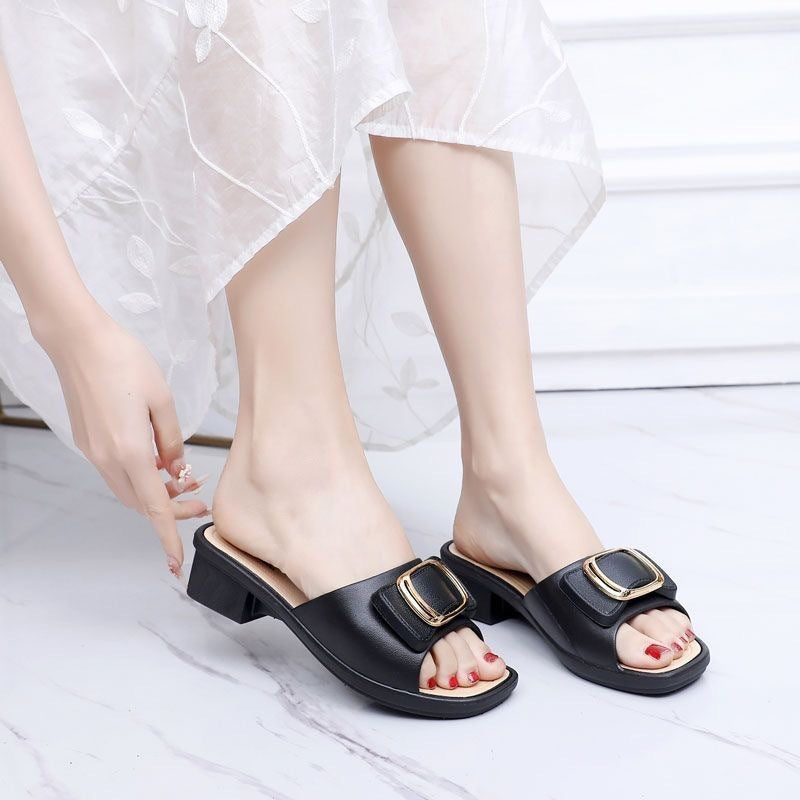 High Heel Slippers Women's 2024 Summer Slippers Korean Style Internet Celebrity Buckle Chunky Heel Lady Mom Slippers Outdoor Beach Shoes